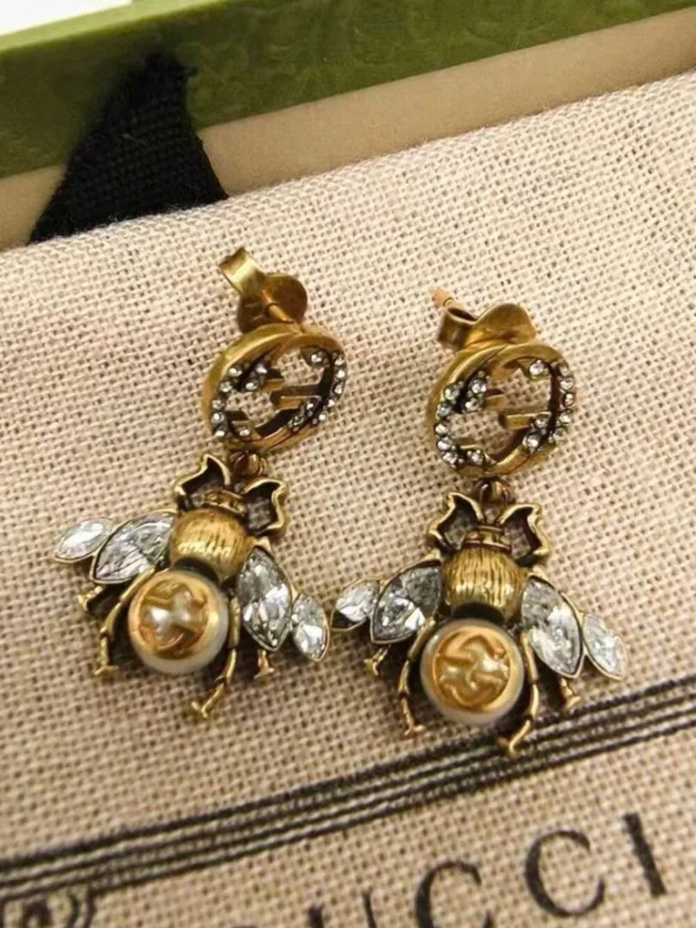Gucci Vintage Bee Interlocking GG Crystal Drop Earrings